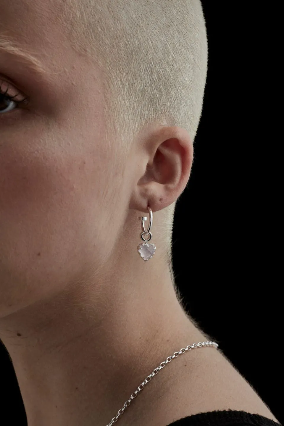 Love Anchor Heart Rose Quartz Semi Hoop Stud Earring