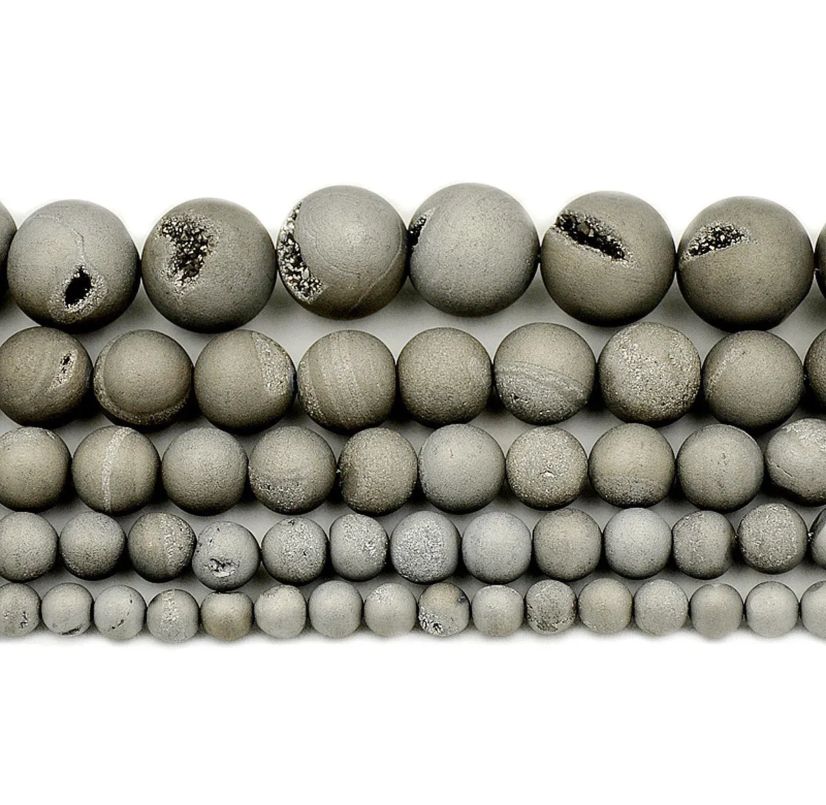 Metallic Titanium Natural Druzy Agate Round Beads on a 15.5" Strand