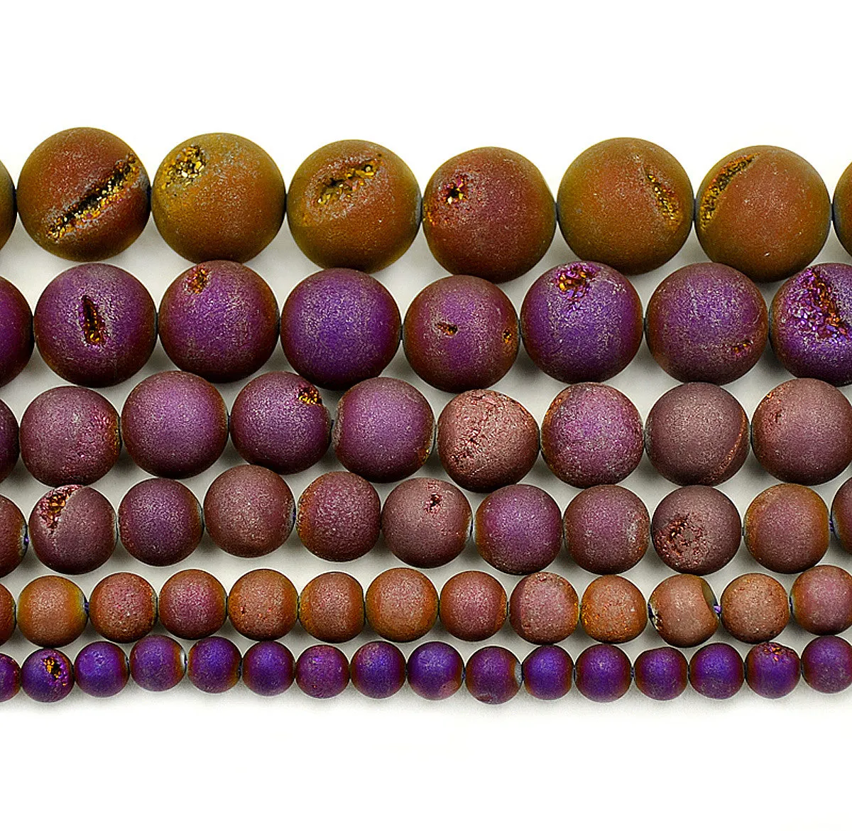 Metallic Titanium Natural Druzy Agate Round Beads on a 15.5" Strand