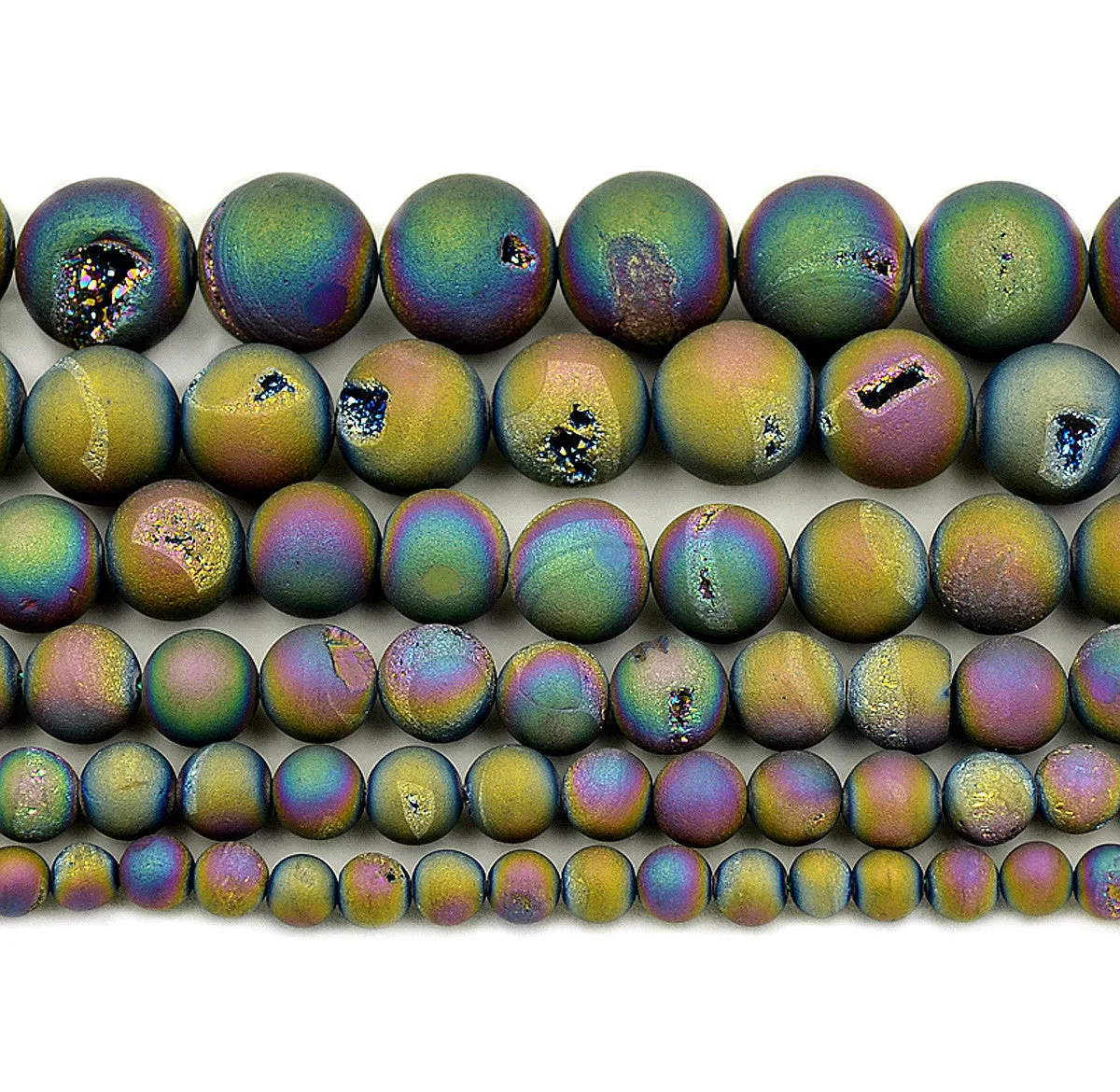 Metallic Titanium Natural Druzy Agate Round Beads on a 15.5" Strand