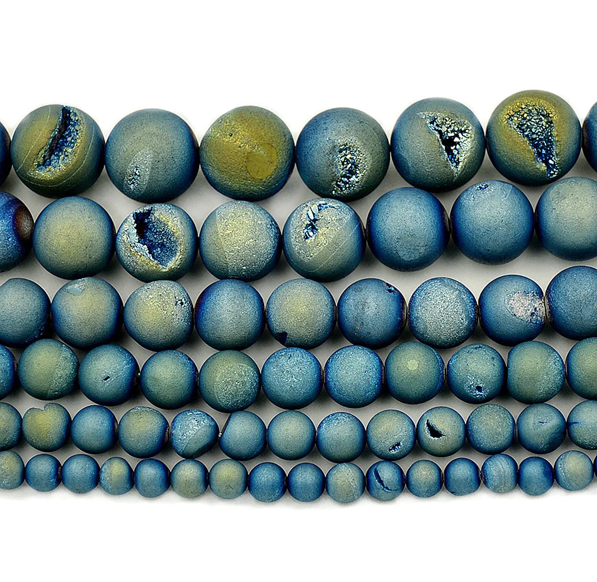 Metallic Titanium Natural Druzy Agate Round Beads on a 15.5" Strand