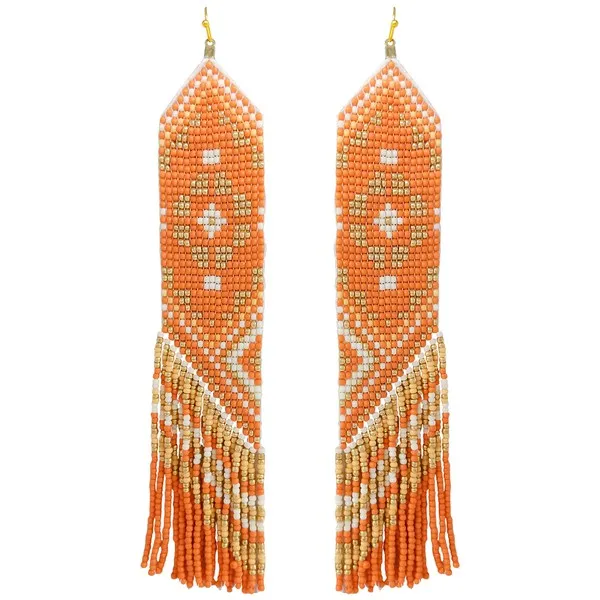 MULTICOLOR SEED BEAD TASSEL LONG DROP DANGLE EARRINGS - ORANGE