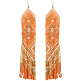 MULTICOLOR SEED BEAD TASSEL LONG DROP DANGLE EARRINGS - ORANGE