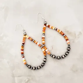 Navajo Pearls & Orange Spiny Oyster Tear Drop Dangle Earrings Sterling Silver