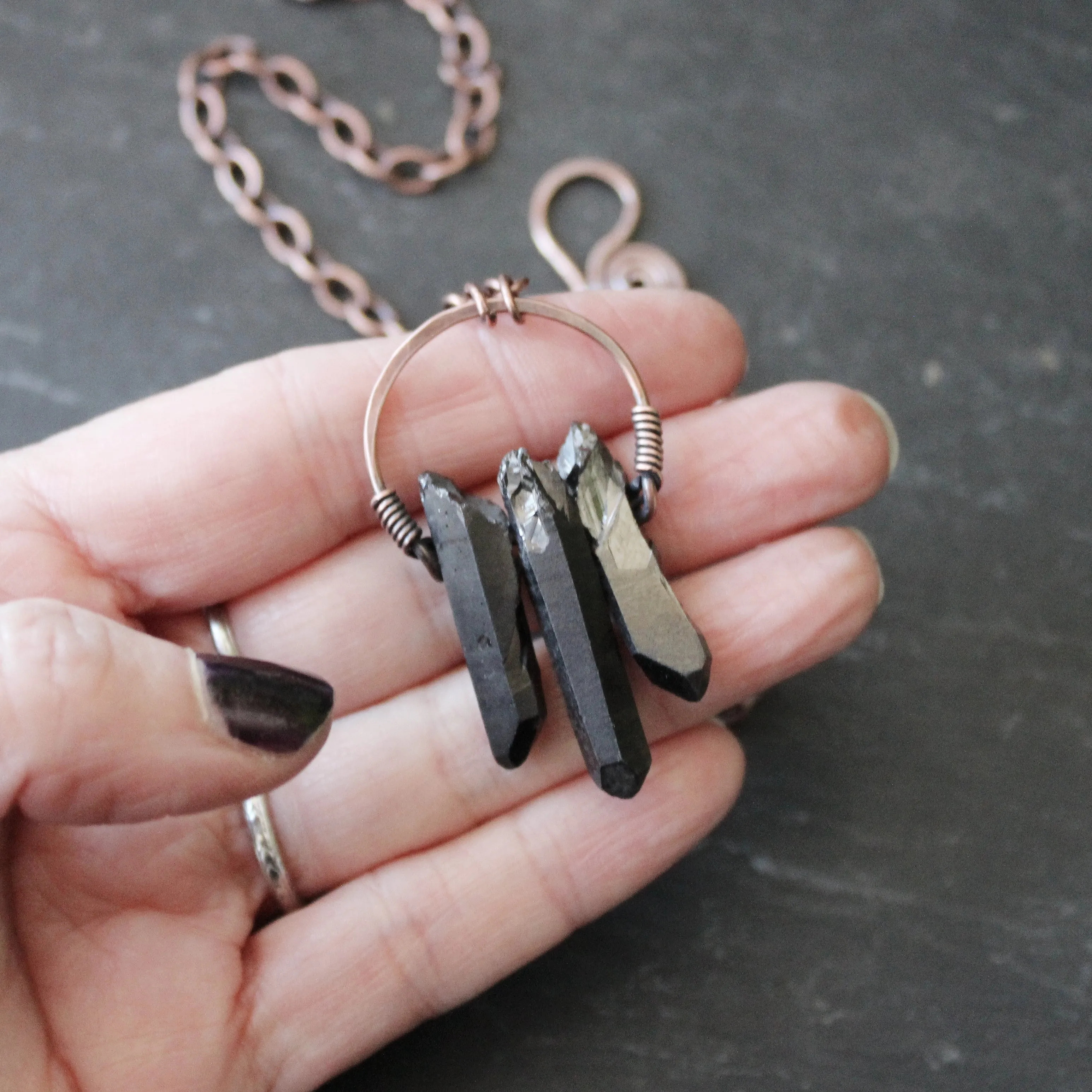 Night Coven Necklace in Matte Black Plated Raw Quartz with Copper.