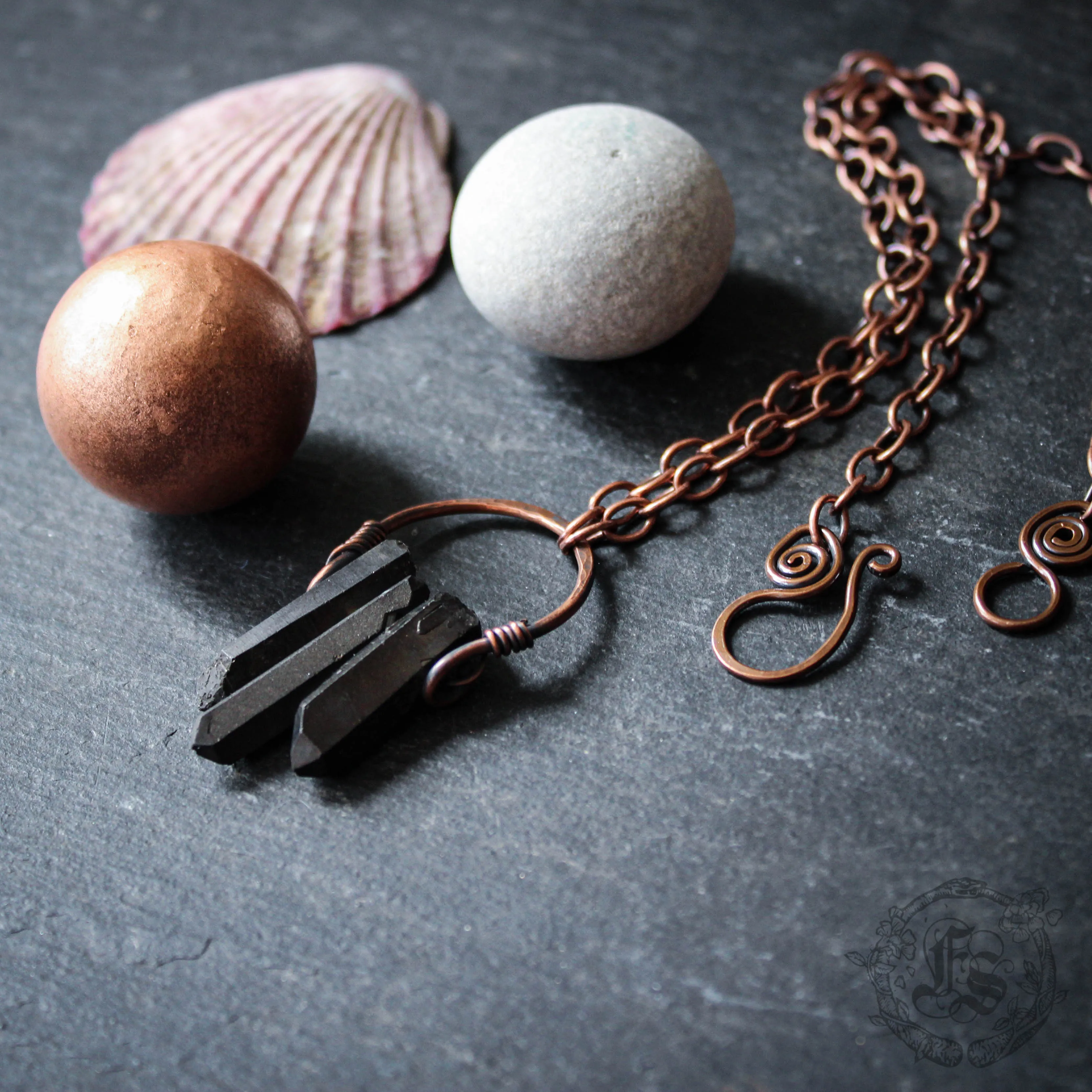 Night Coven Necklace in Matte Black Plated Raw Quartz with Copper.