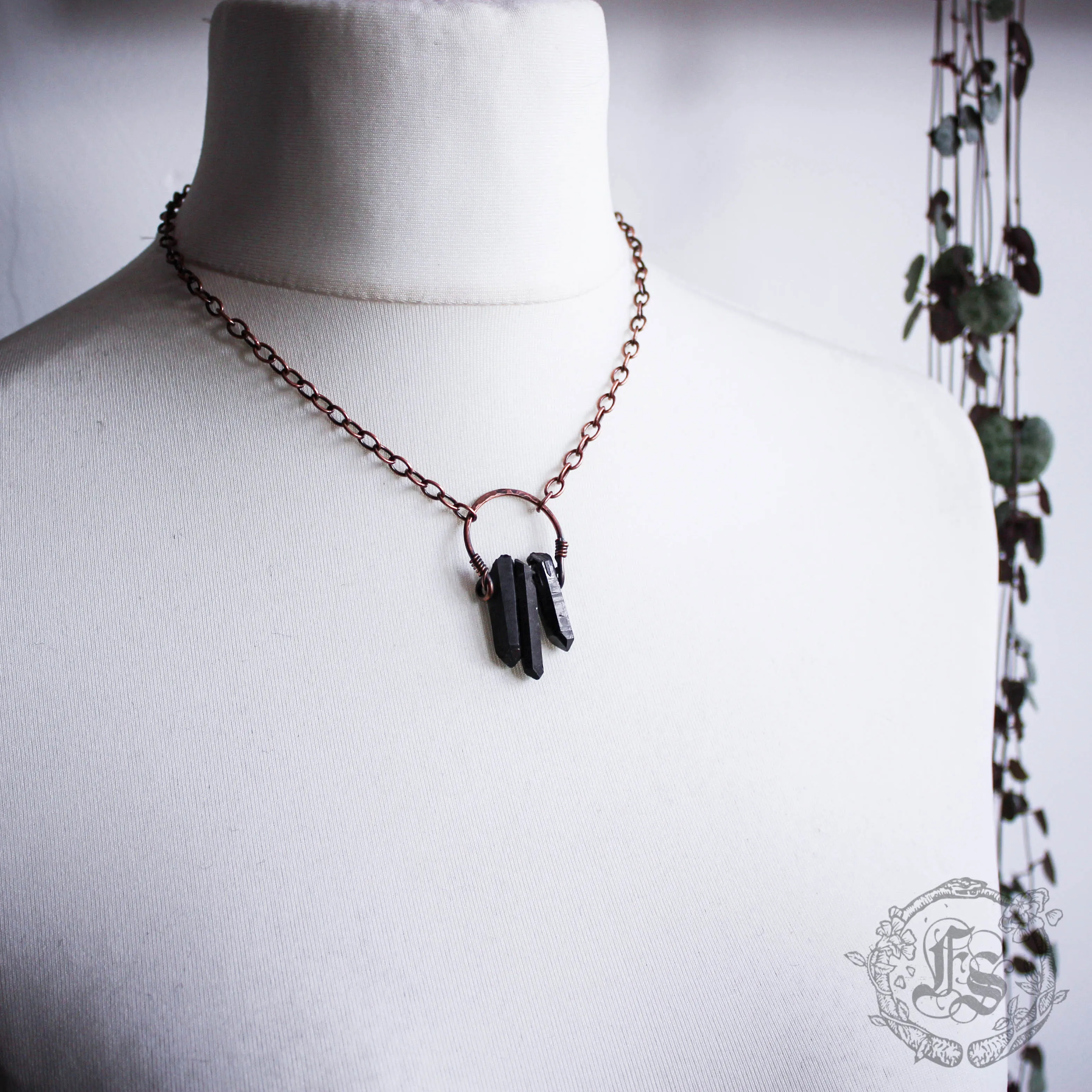 Night Coven Necklace in Matte Black Plated Raw Quartz with Copper.