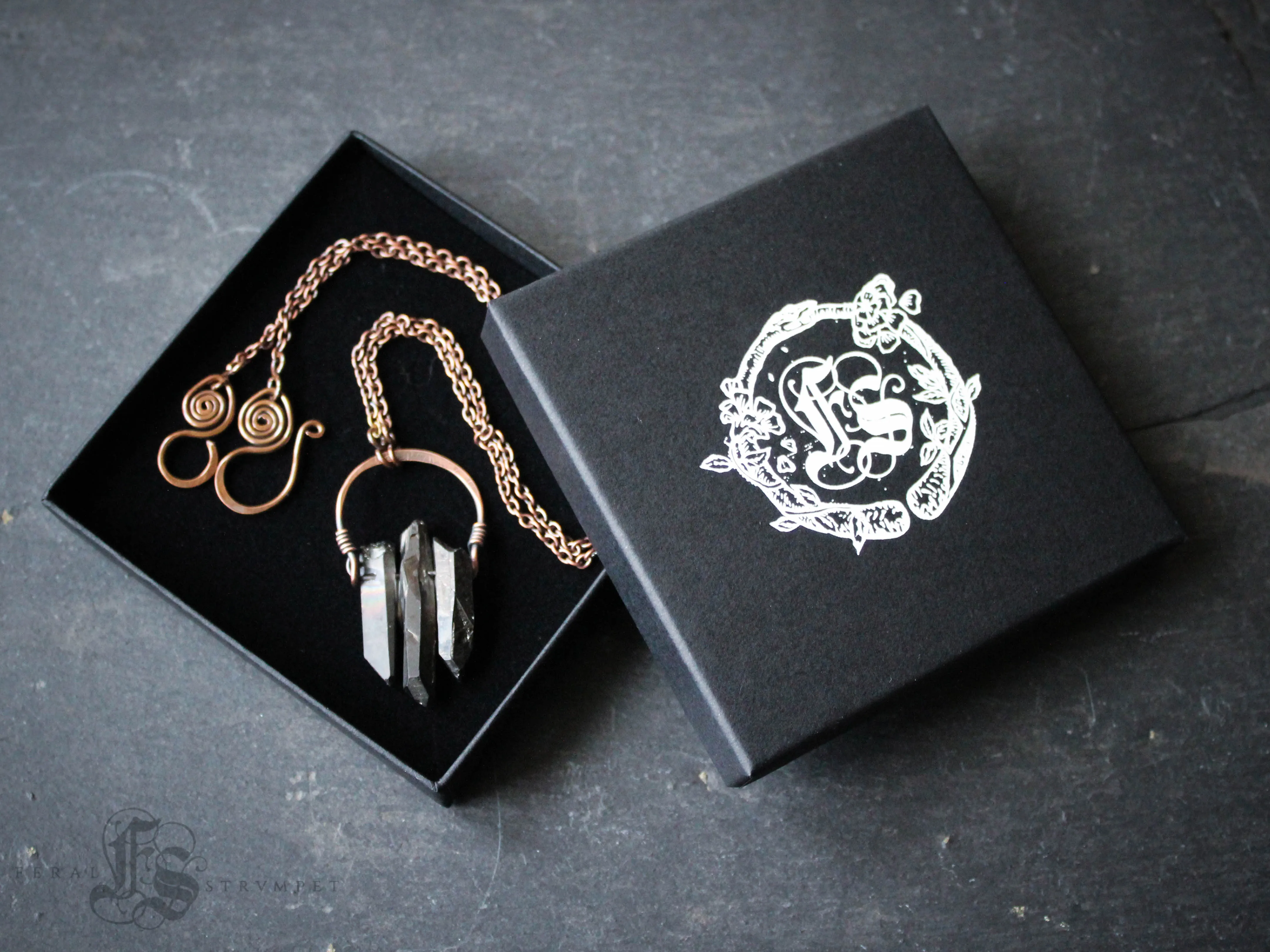 Night Coven Necklace in Matte Black Plated Raw Quartz with Copper.