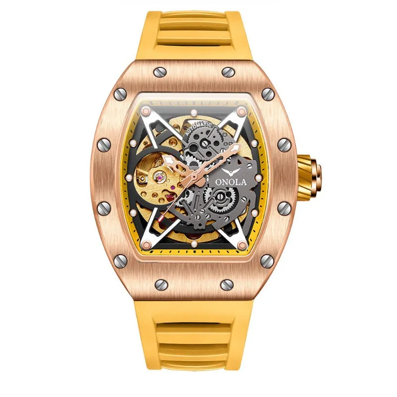 ONOLA Awesome 43mm Men‘s Tonneau Shaped Watch with Visible Gears