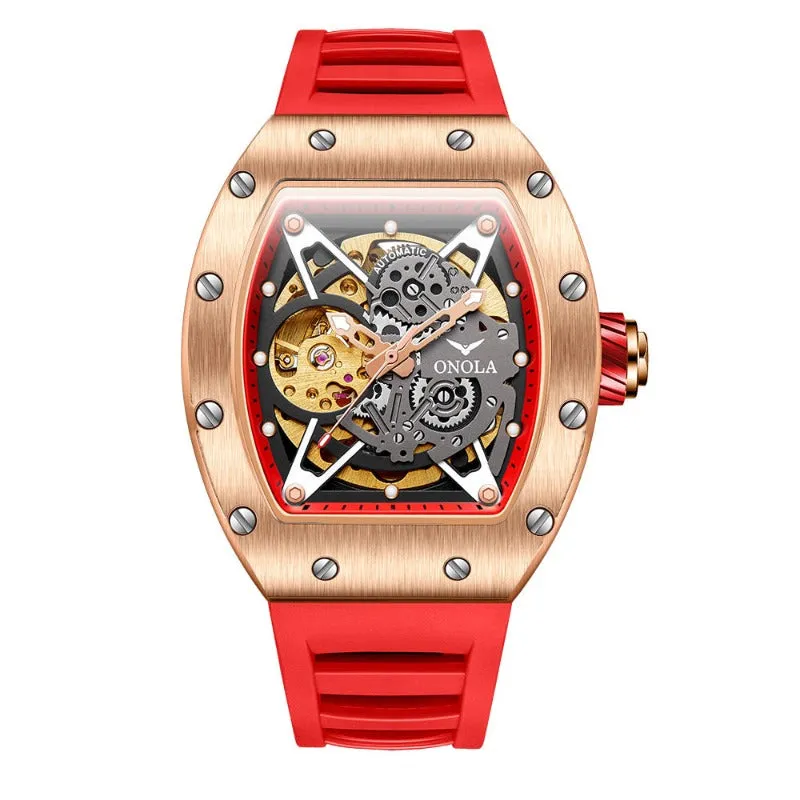 ONOLA Awesome 43mm Men‘s Tonneau Shaped Watch with Visible Gears