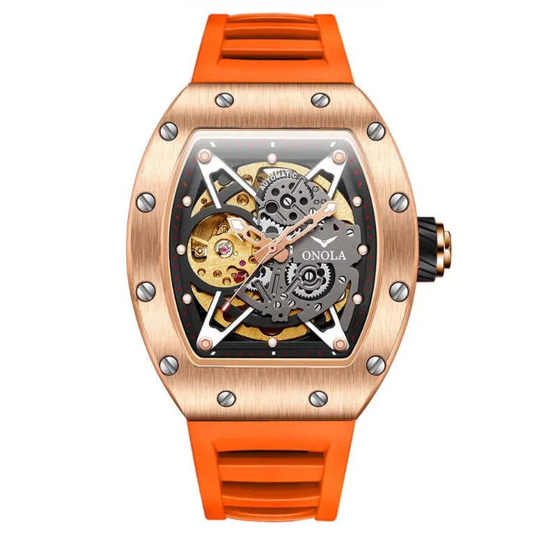 ONOLA Awesome 43mm Men‘s Tonneau Shaped Watch with Visible Gears