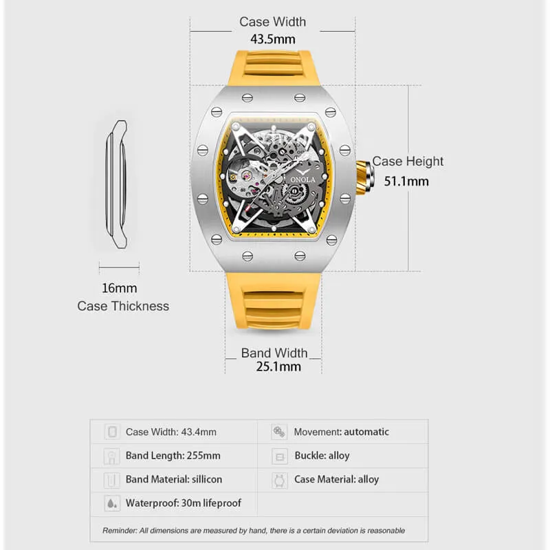 ONOLA Awesome 43mm Men‘s Tonneau Shaped Watch with Visible Gears