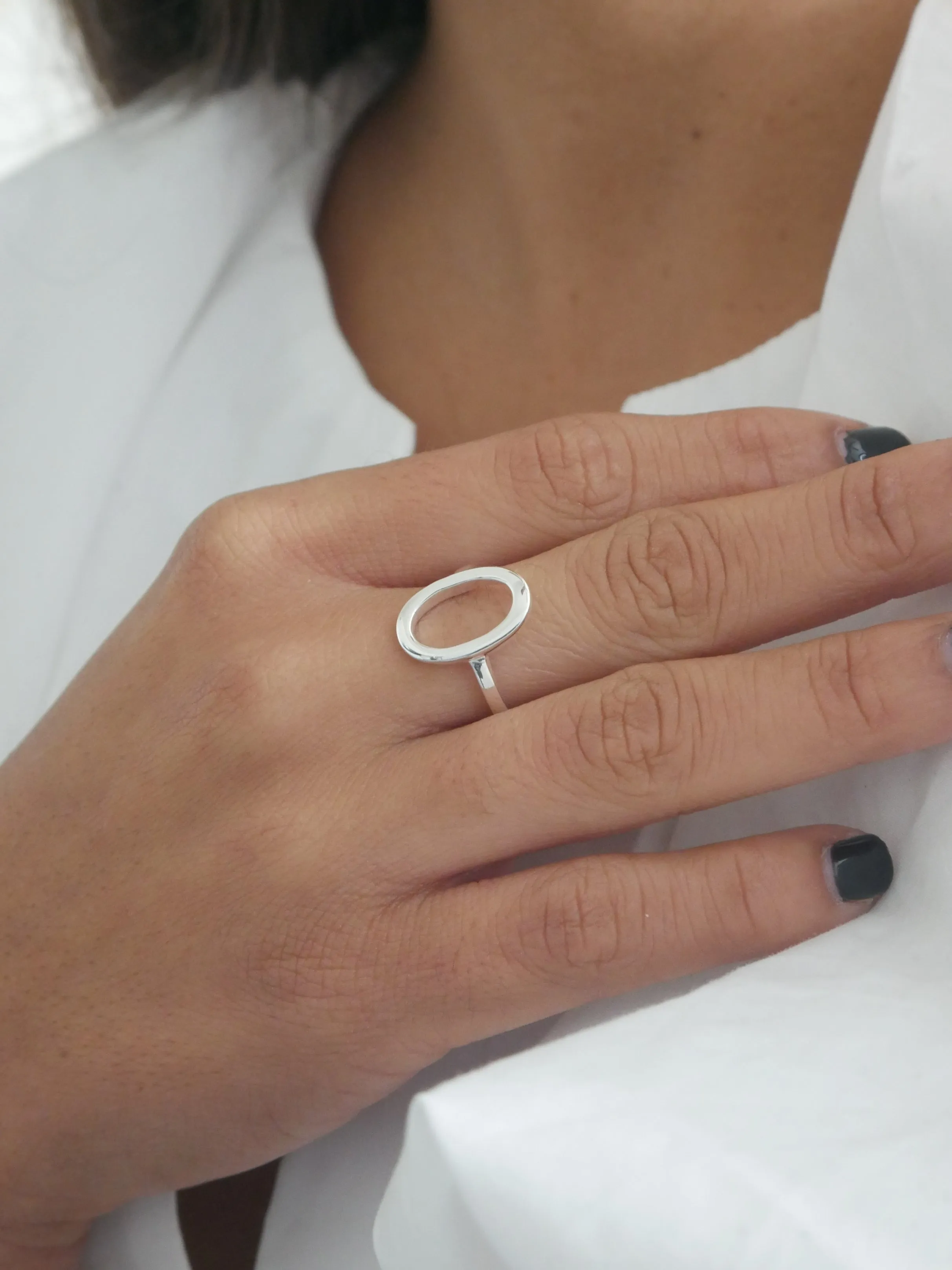 Oval Circle Ring .925 Sterling Silver Waterproof Nickel Free Open Circle Statement Ring