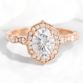 Oval Moissanite Diamond Ring in 14k Rose Gold Vintage Floral Band, Size 7