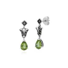 Peridot Ohrringe, Sterlingsilber Peridot & Markasit Birne Jugendstil Ohrhänger