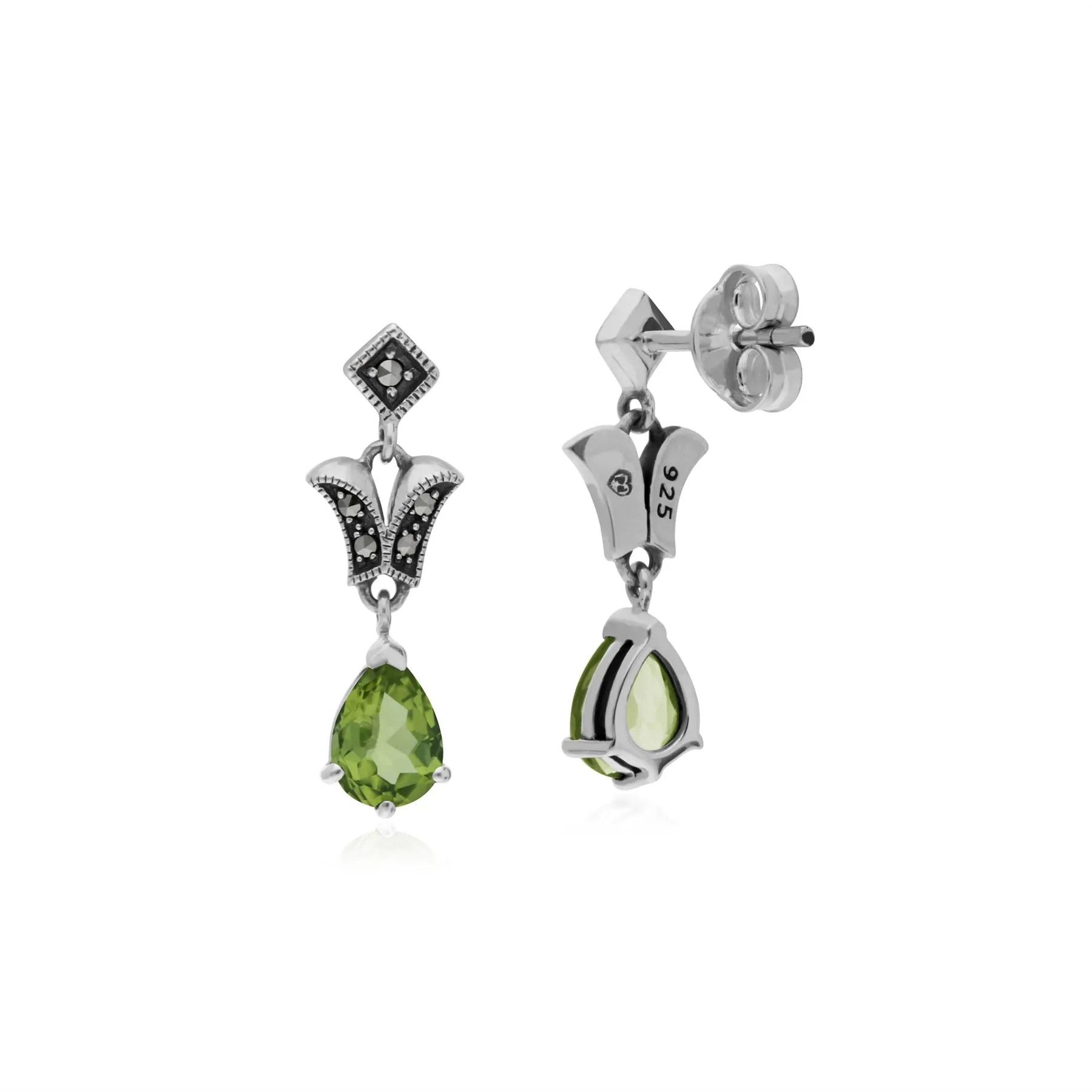 Peridot Ohrringe, Sterlingsilber Peridot & Markasit Birne Jugendstil Ohrhänger
