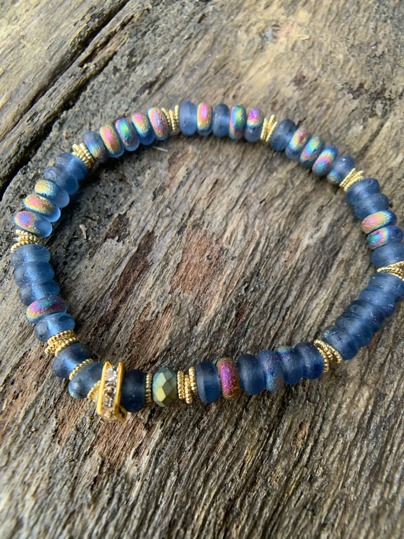 Petite Blue Glass Rondelle Beaded Bracelet