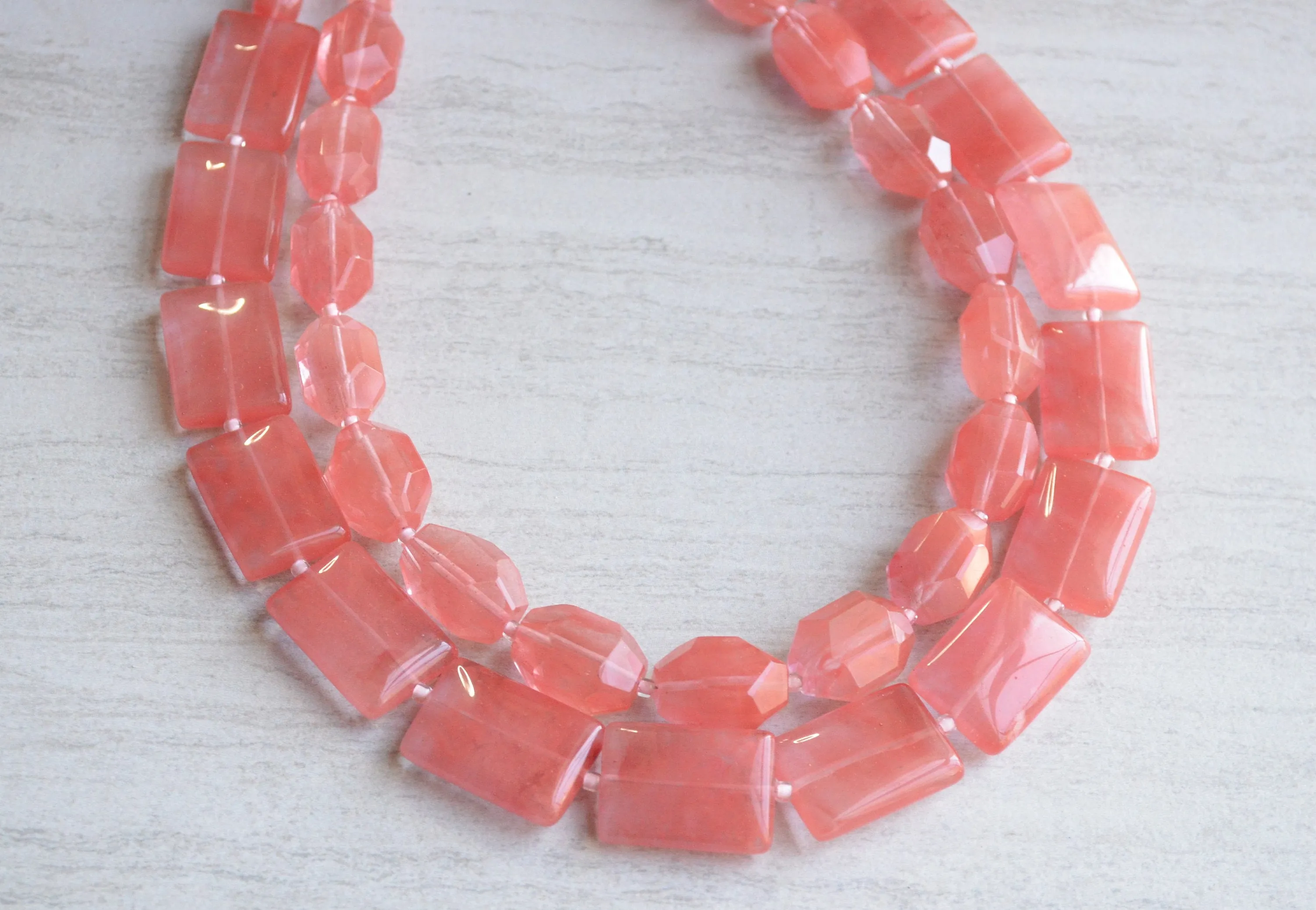 Pink Cherry Quartz Glass Multi Strand Chunky Beaded Statement Necklace - Warhol