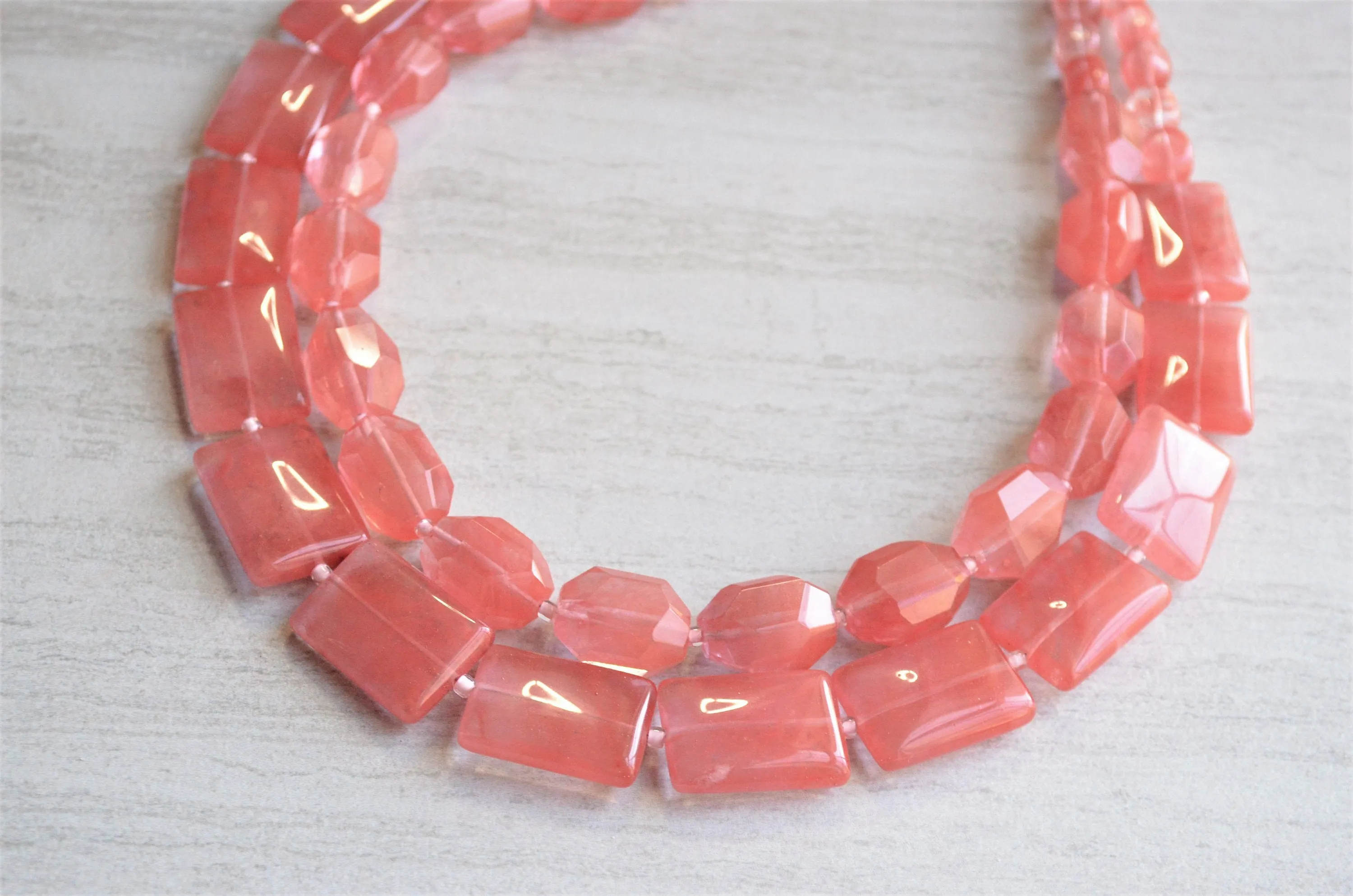 Pink Cherry Quartz Glass Multi Strand Chunky Beaded Statement Necklace - Warhol