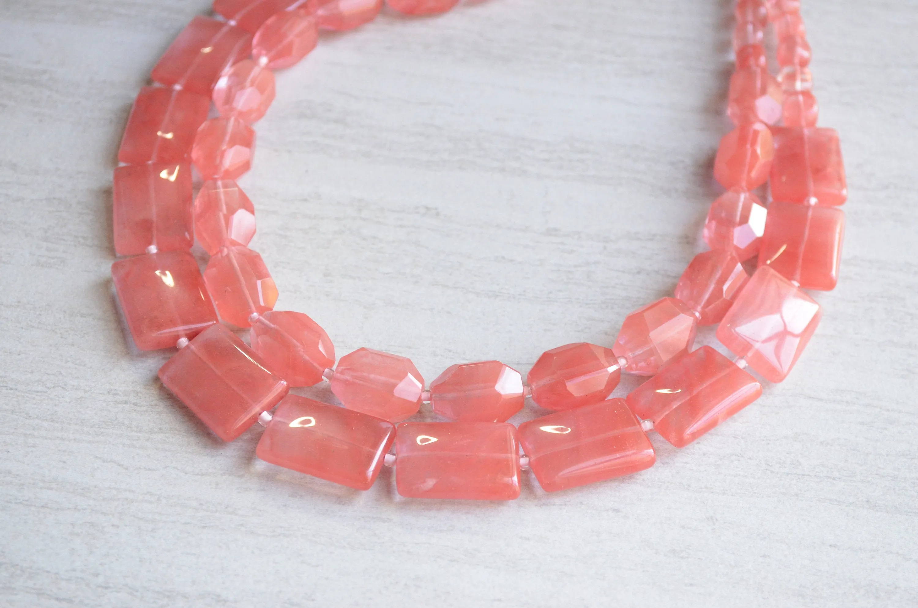 Pink Cherry Quartz Glass Multi Strand Chunky Beaded Statement Necklace - Warhol