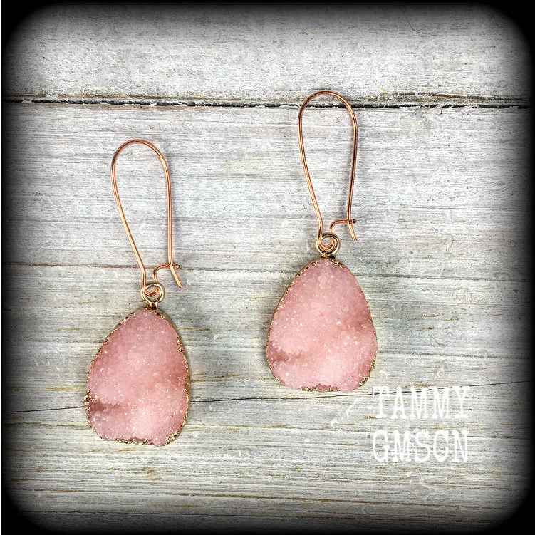 Pink Druzy earrings-Quartz earrings
