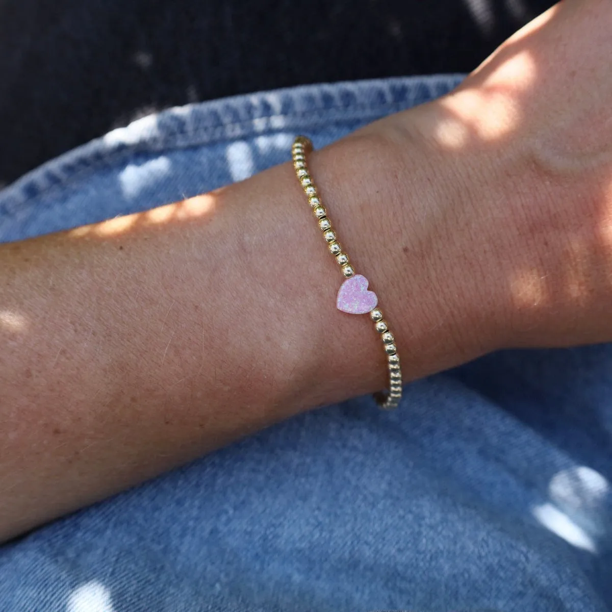 Pink Opal Heart Gold Filled Ball Bracelet