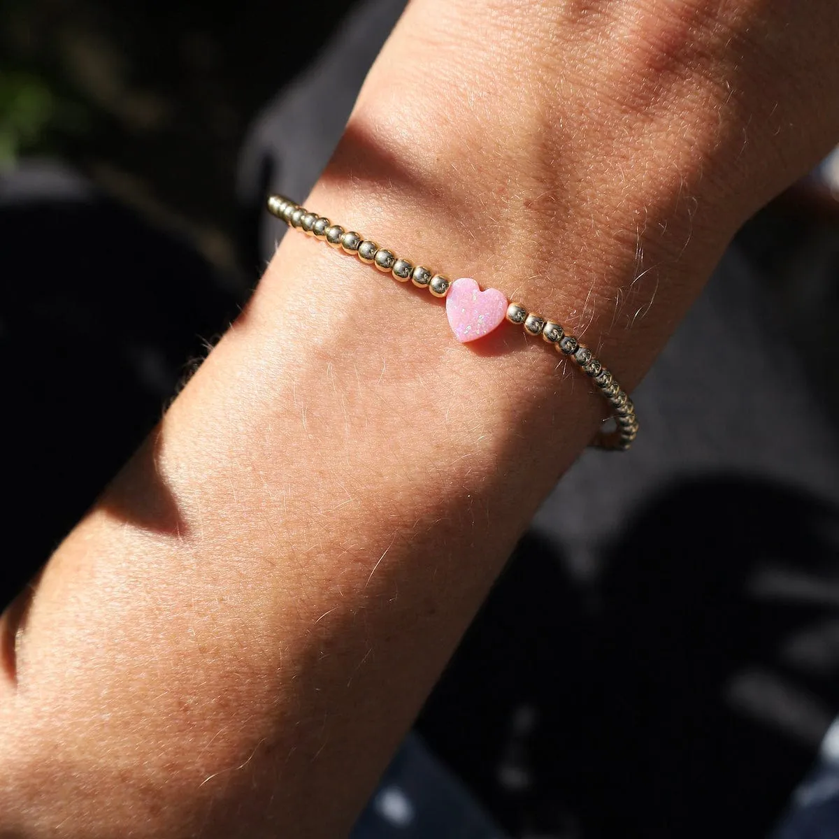 Pink Opal Heart Gold Filled Ball Bracelet
