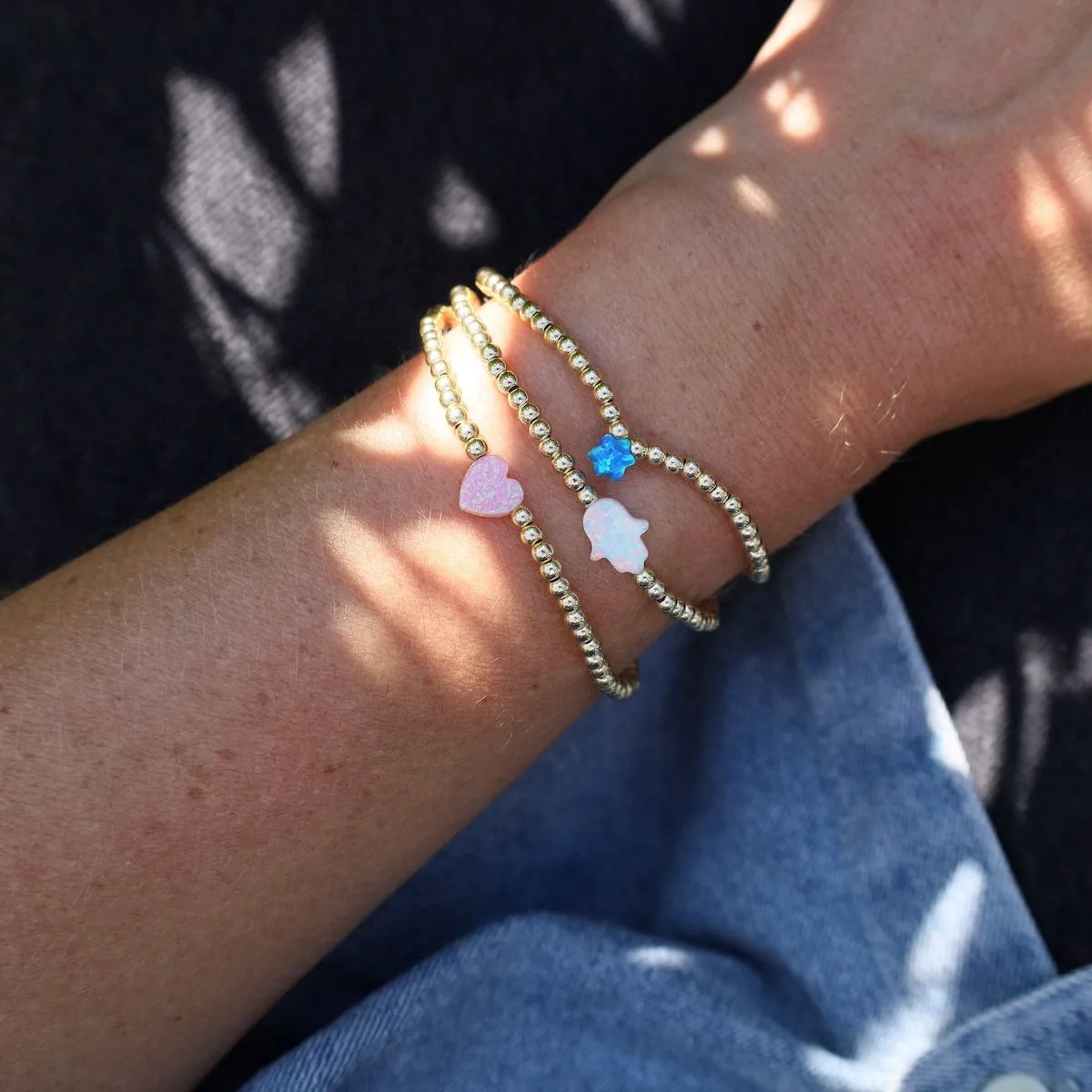 Pink Opal Heart Gold Filled Ball Bracelet