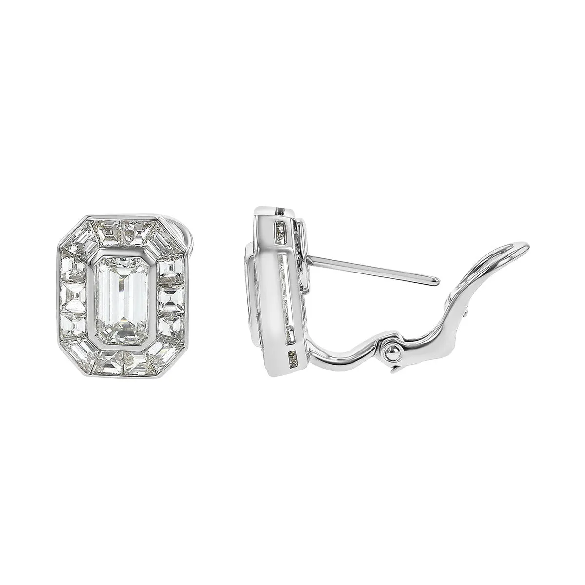 Platinum Emerald-cut Diamond and Halo Stud Earrings