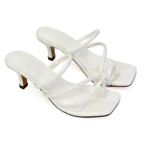 Prancy Toe Post Ring Strappy Square Toe Slip on Kitten Heel Mule Sandals in White