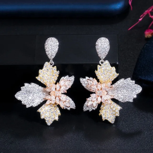 Pretty Dangle Drop Butterfly Flower 3 Tone Rose Gold Cubic Zirconia Earrings