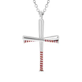 Red Enameled Gripped Baseball Bat Cross Necklace | Sterling Silver