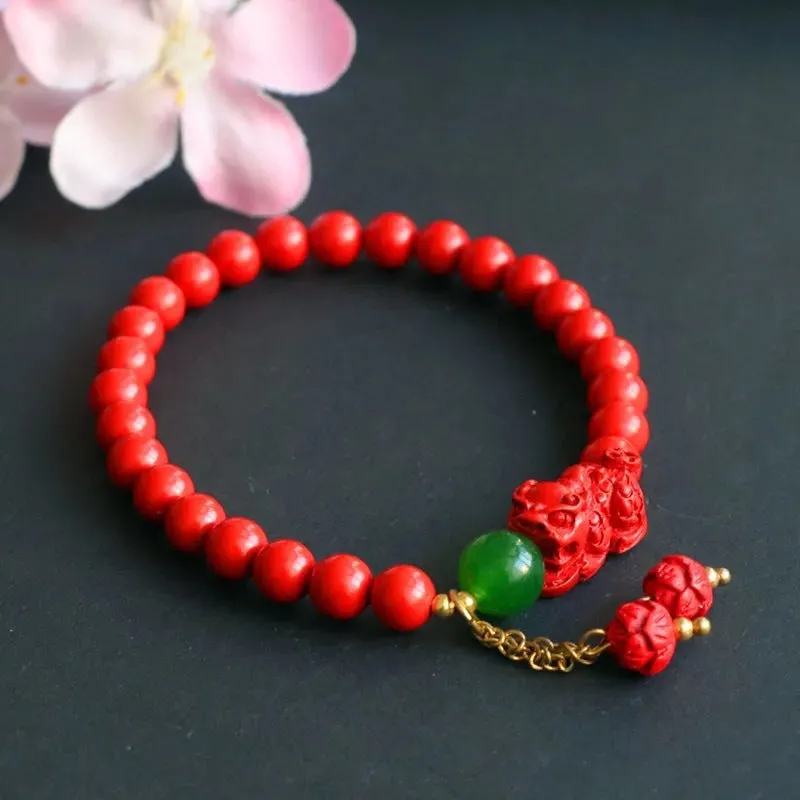 Red Sand Pixiu Fortune's Favor Sterling Silver Bracelet with Cinnabar Stone