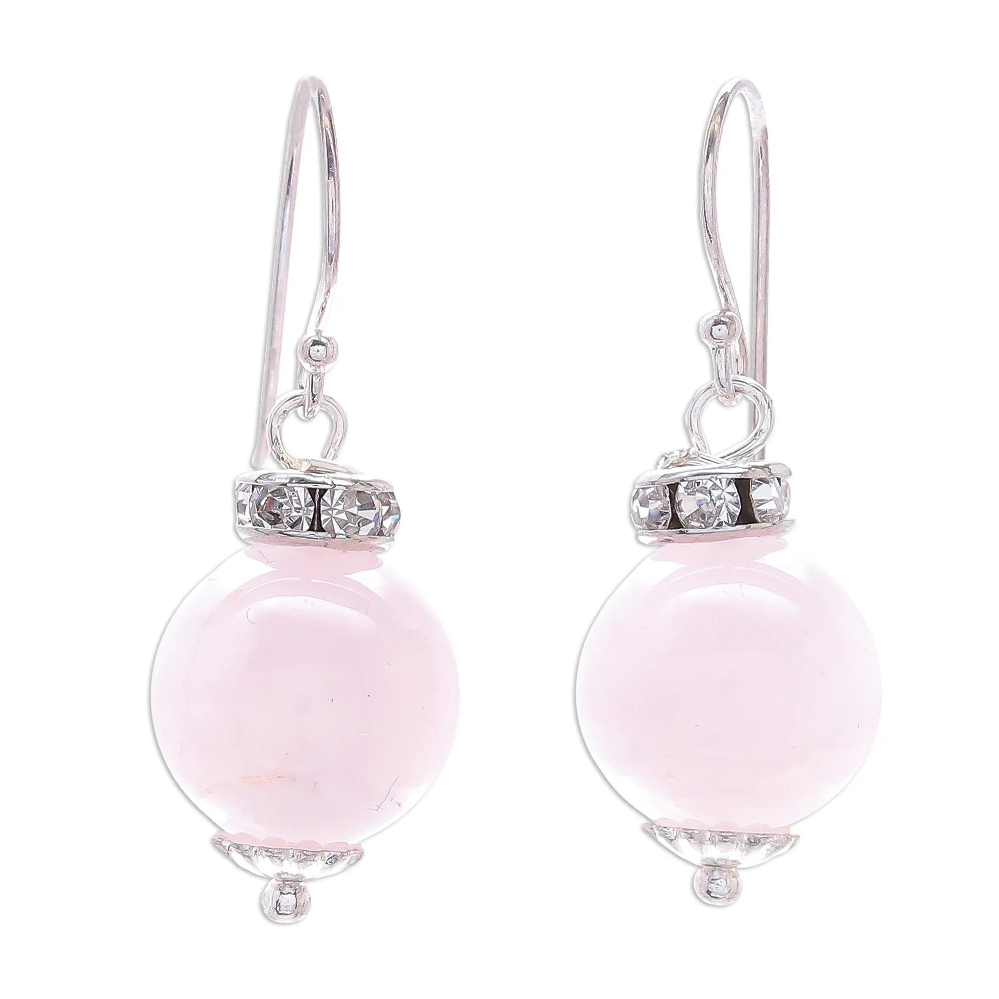 Rose Quartz and 925 Silver Dangle Earrings from Thailand - Perfect Orbs | NOVICA