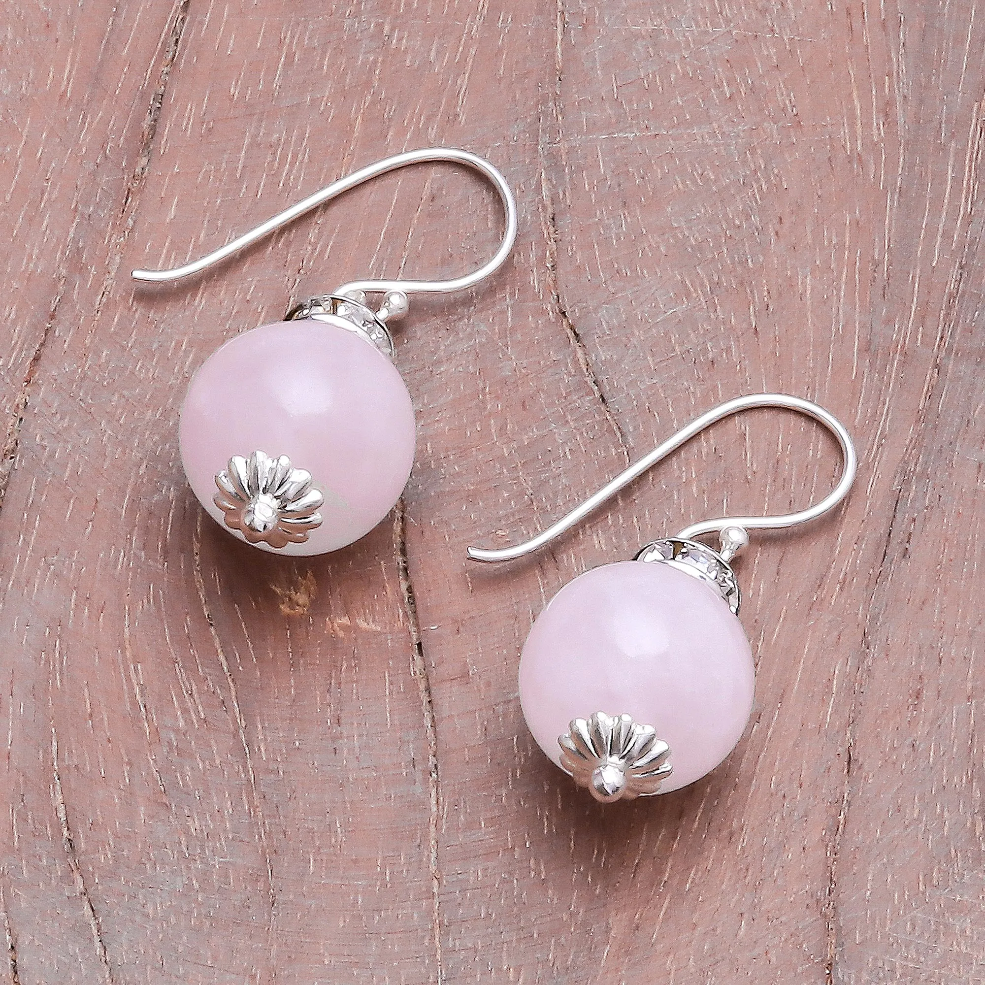 Rose Quartz and 925 Silver Dangle Earrings from Thailand - Perfect Orbs | NOVICA