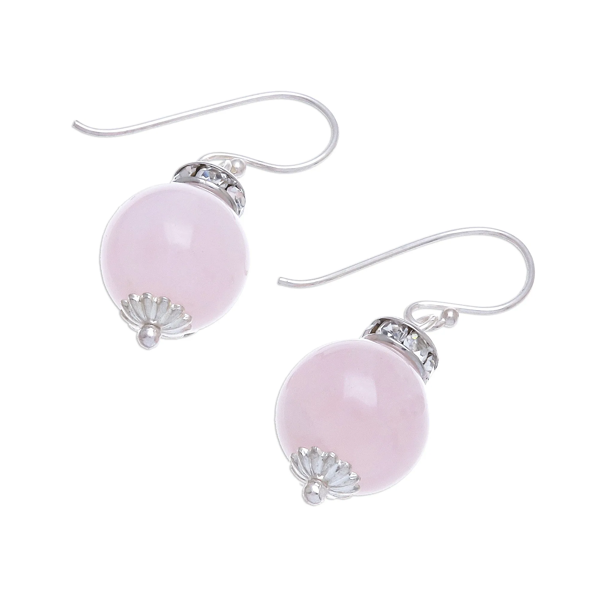 Rose Quartz and 925 Silver Dangle Earrings from Thailand - Perfect Orbs | NOVICA