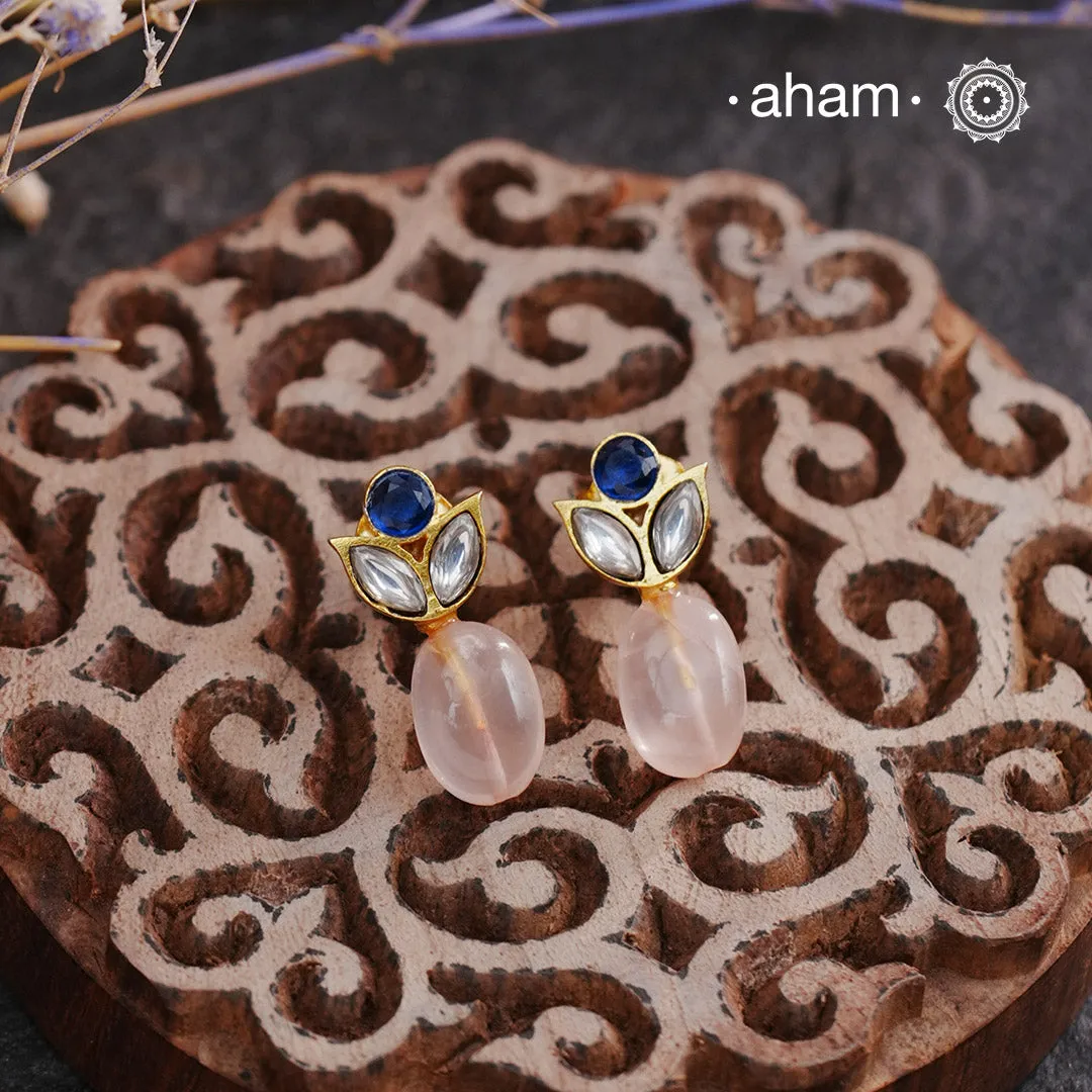 Rose Quartz  Blue & White Kundan Gold Polish Silver Earrings