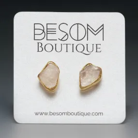 Rose Quartz Raw Crystal Stud Earrings in Gold