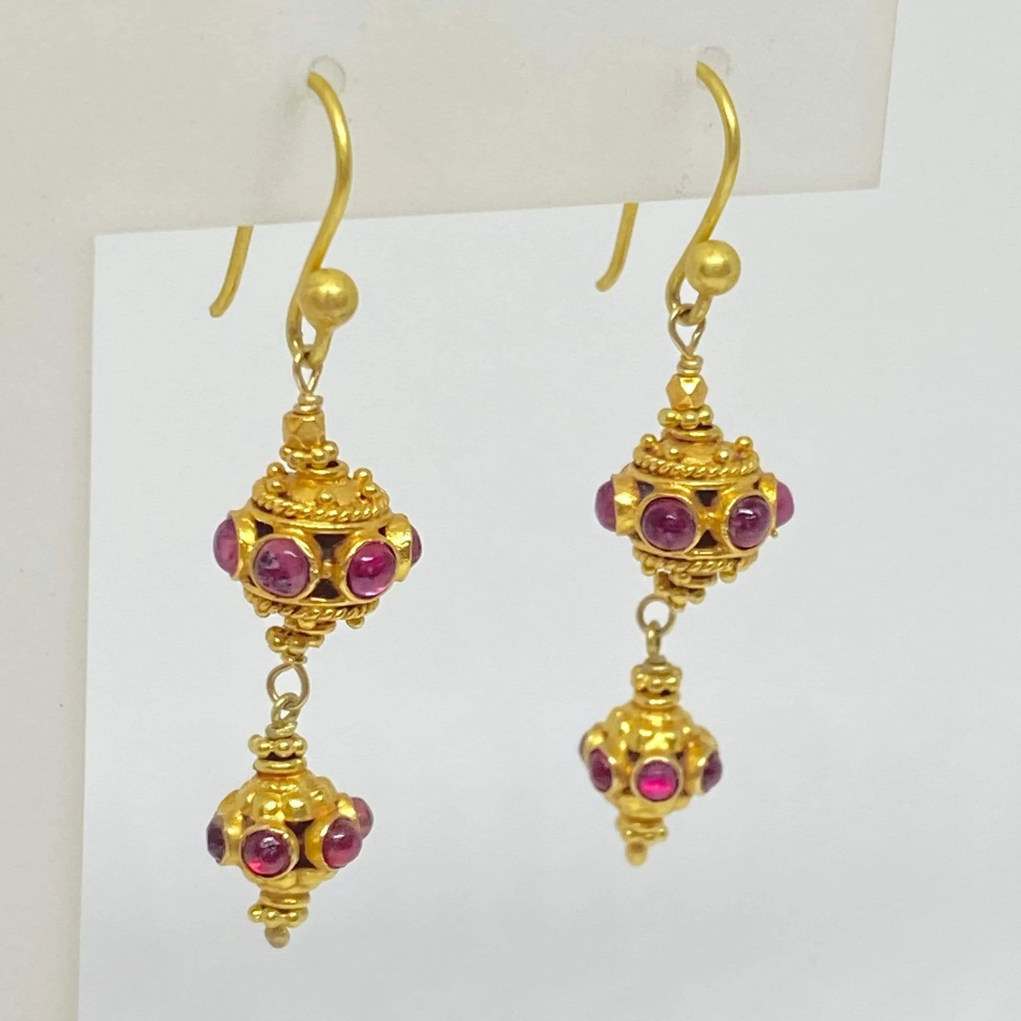 Ruby Cabochon Bali Style Dangle Earrings Shepards Hook 18K Yellow Gold