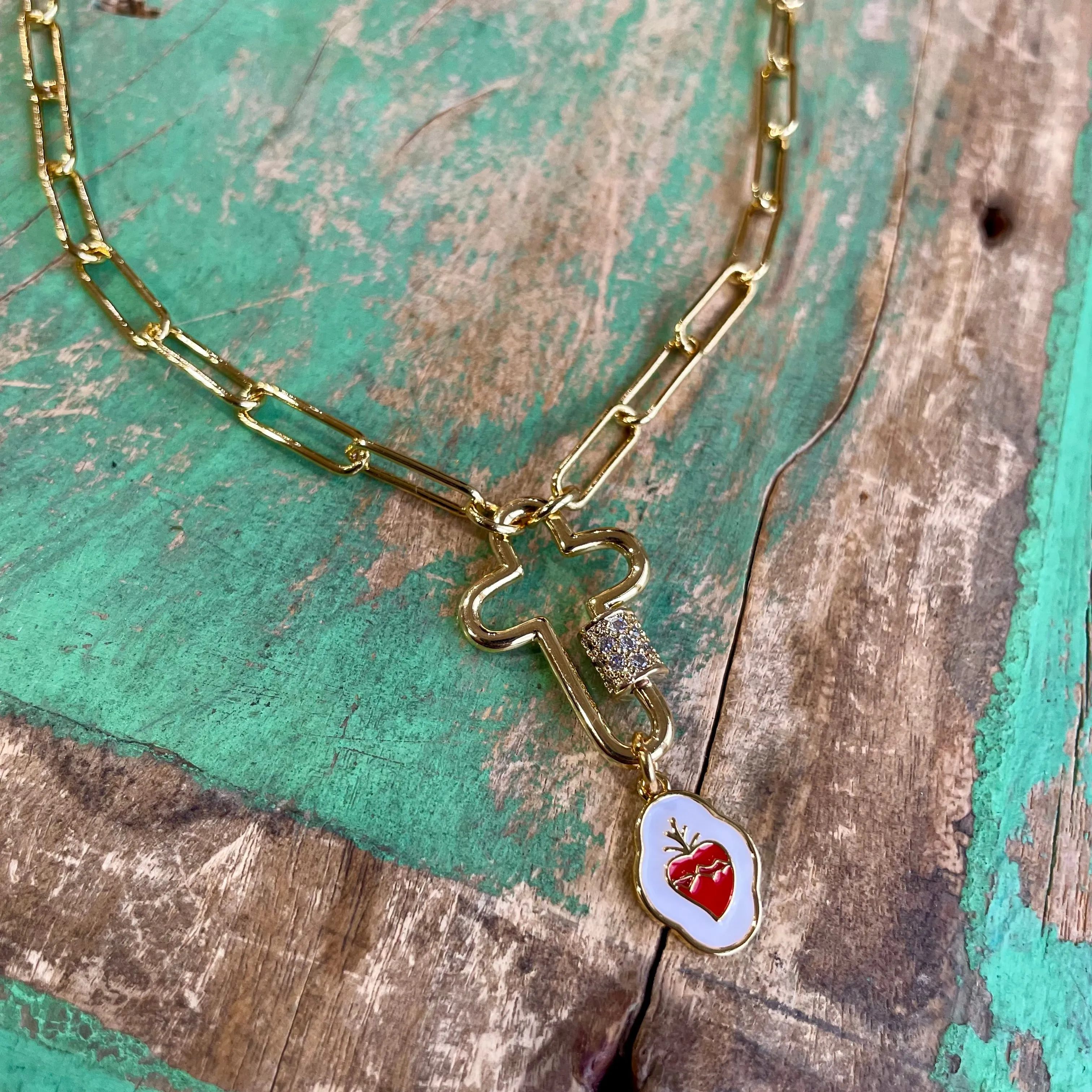 Sacred Heart Cross Locket Paperclip Necklace