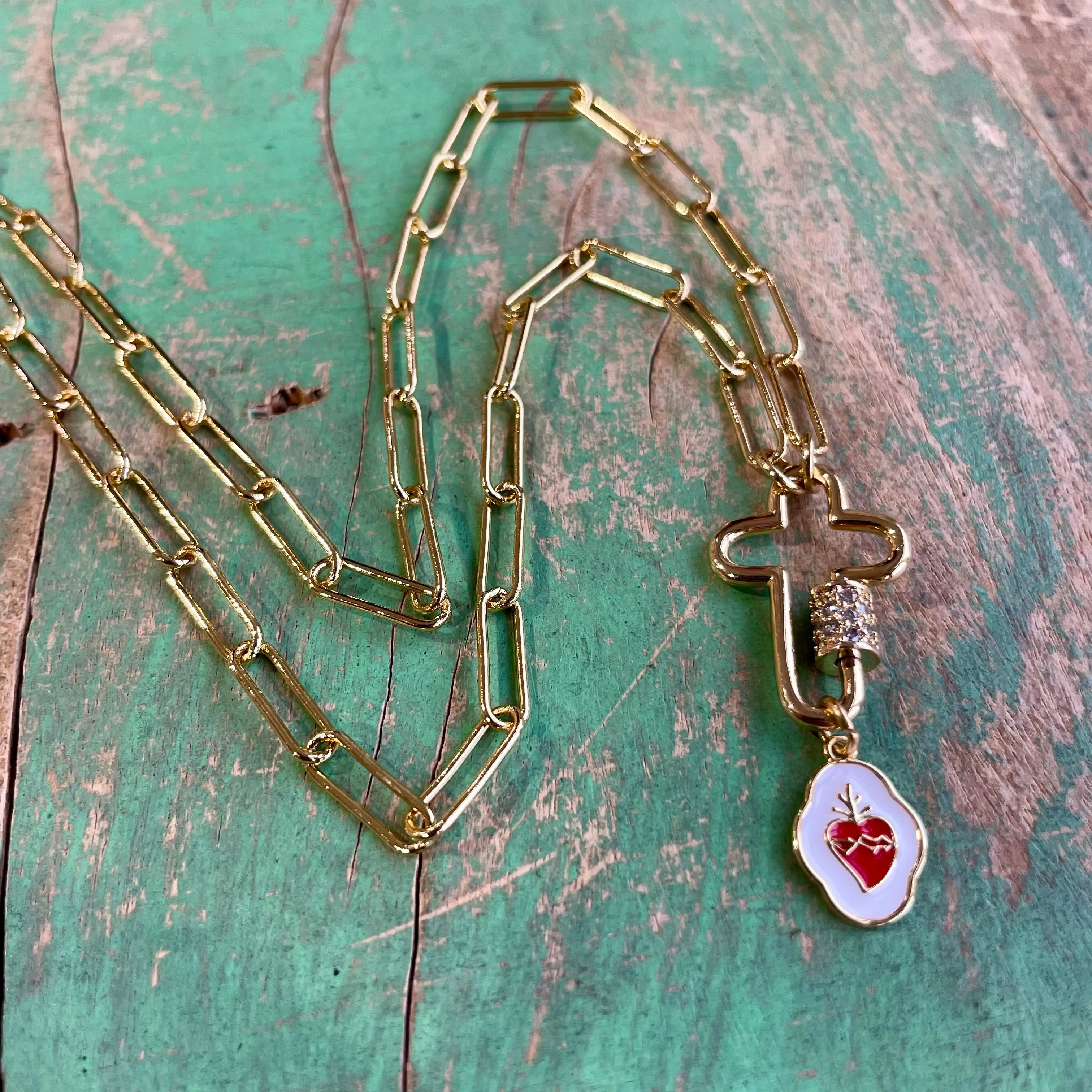 Sacred Heart Cross Locket Paperclip Necklace