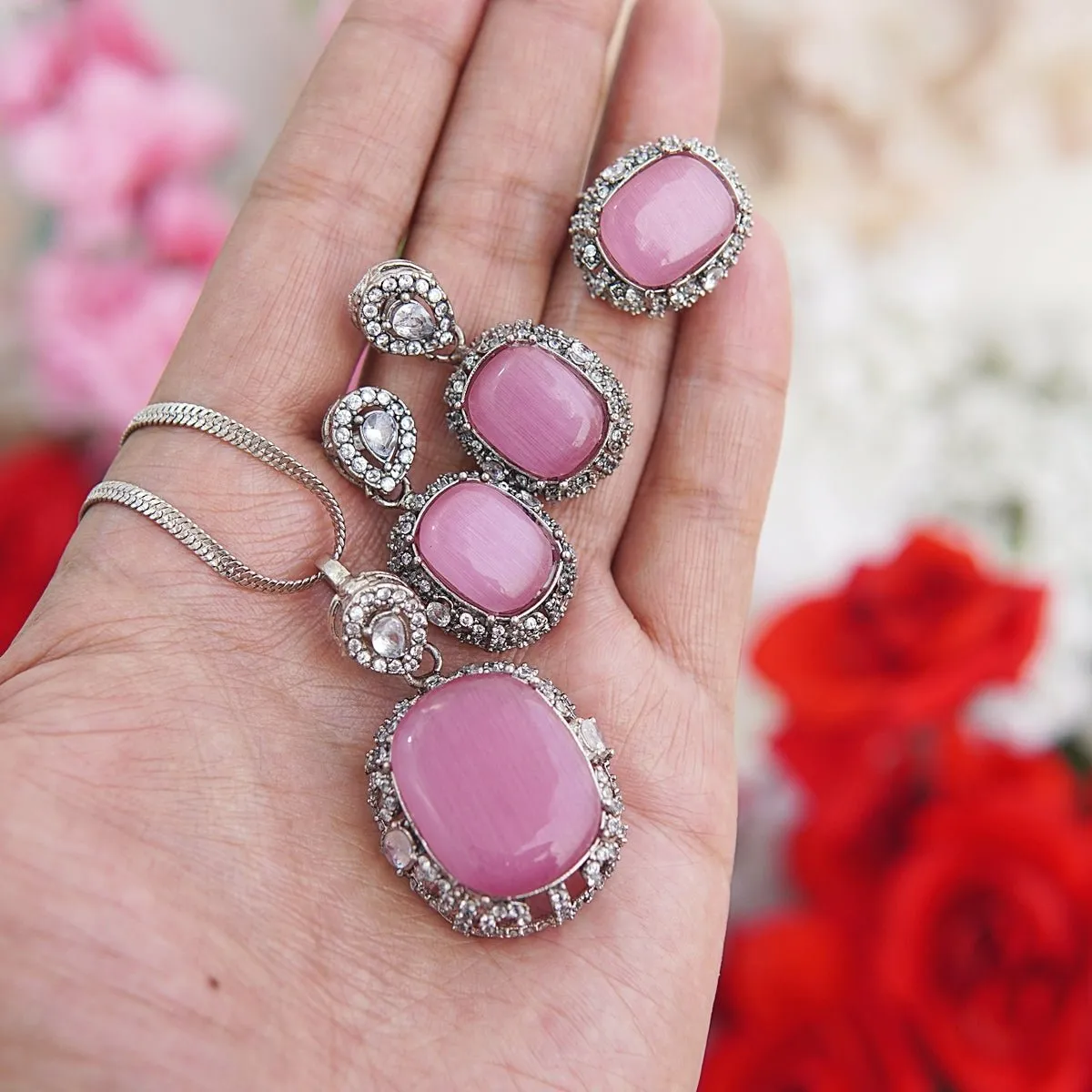 Silver Deep Gemstone Locket Set With Ring