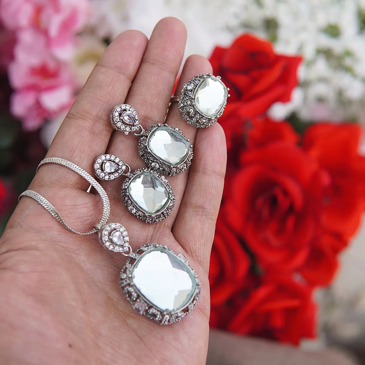 Silver Deep Gemstone Locket Set With Ring