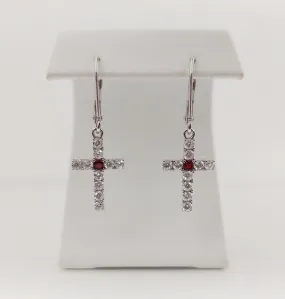 Silver Simulated Ruby/Diamond Cross Earrings
