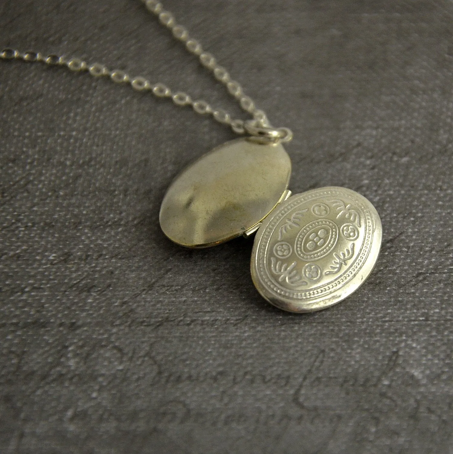 Small White Ornate Locket Necklace -  Oval White Pendant Delicate - Simple and Long Fashion