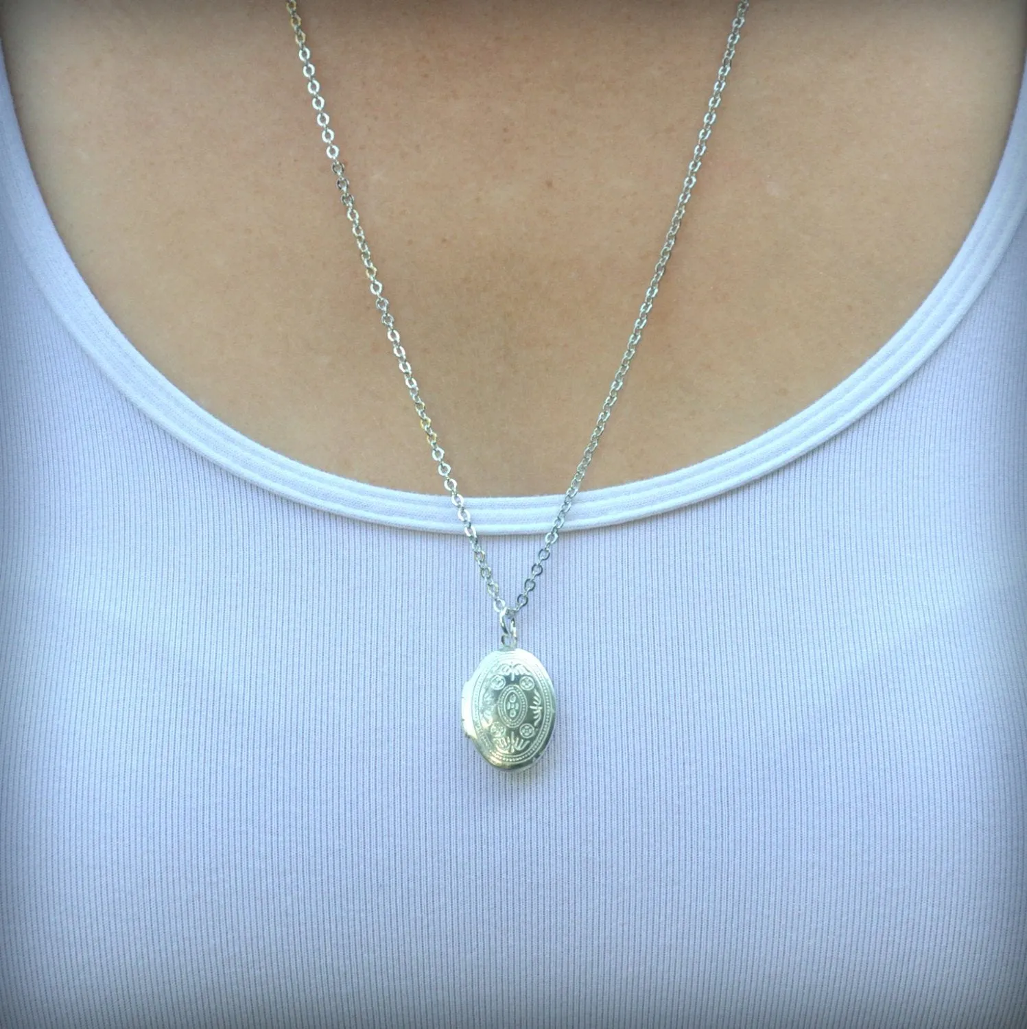 Small White Ornate Locket Necklace -  Oval White Pendant Delicate - Simple and Long Fashion