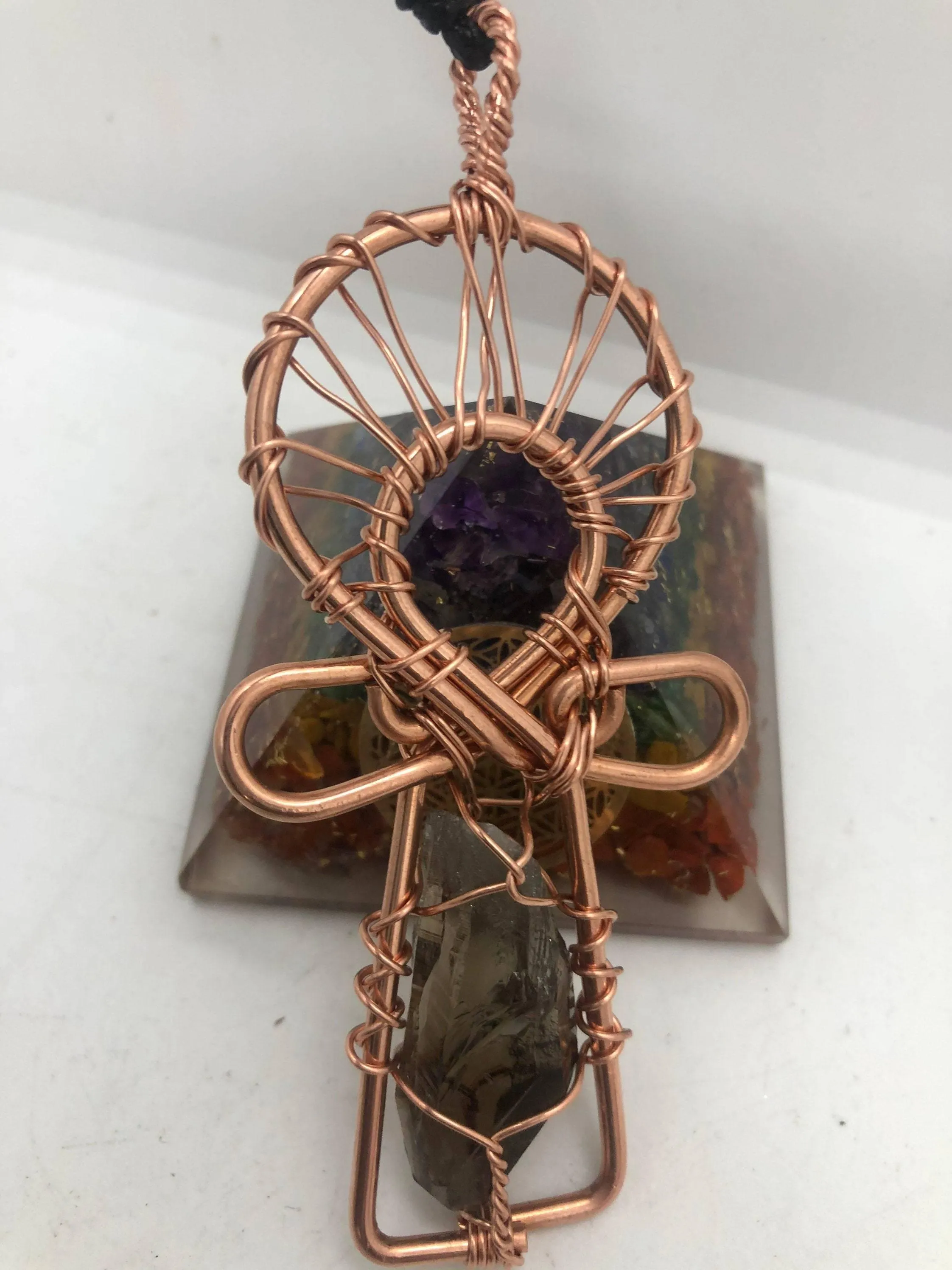 Smoky Crystal Quartz Copper Ankh Pendant Necklace Wirewrapped