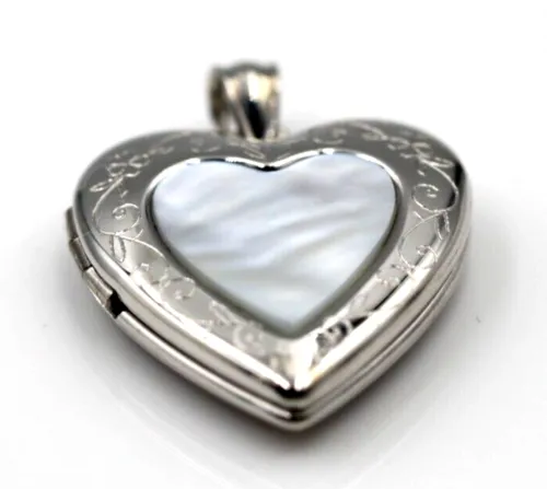 Sterling Silver Mother of Pearl Heart Pendant Locket for 2 pictures