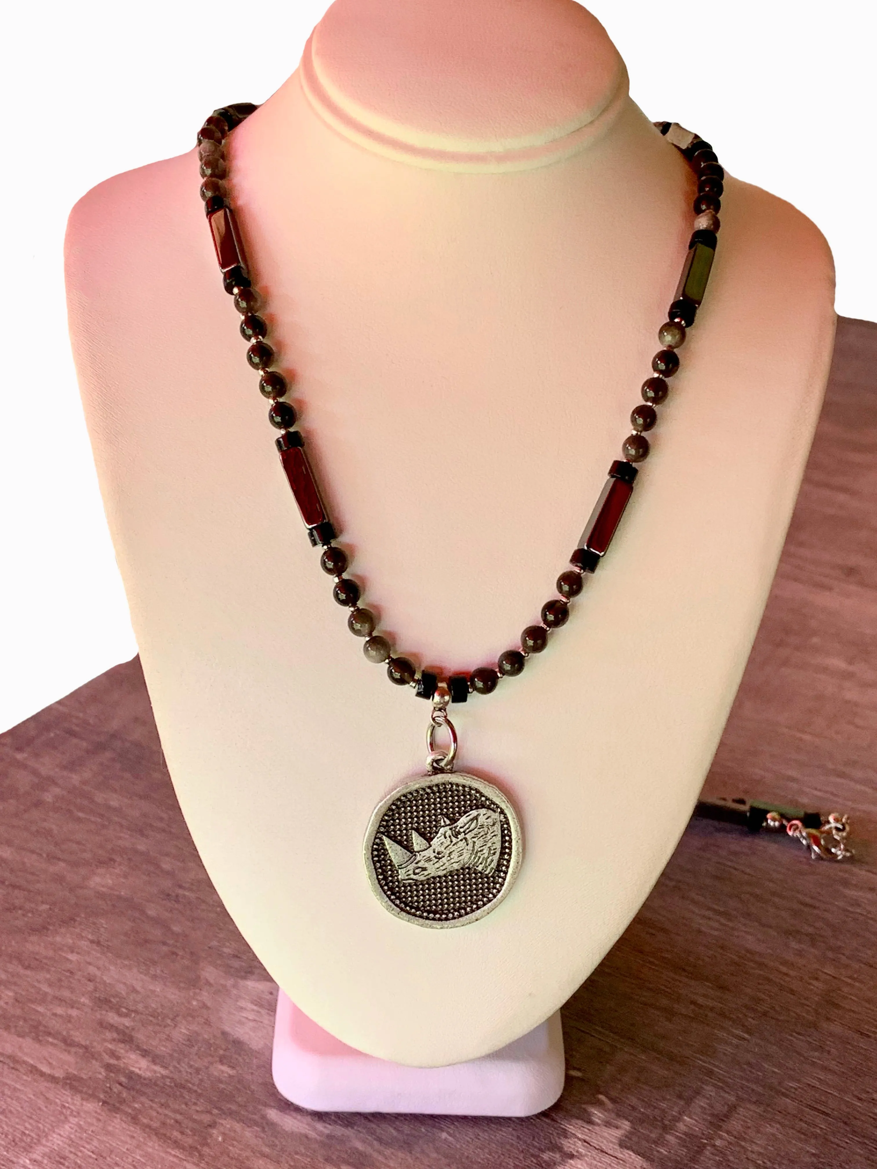 Sudan Handmade Silver Obsidian, Hematite, and Black Quartz 29" Necklace with Rhino Coin Pendant
