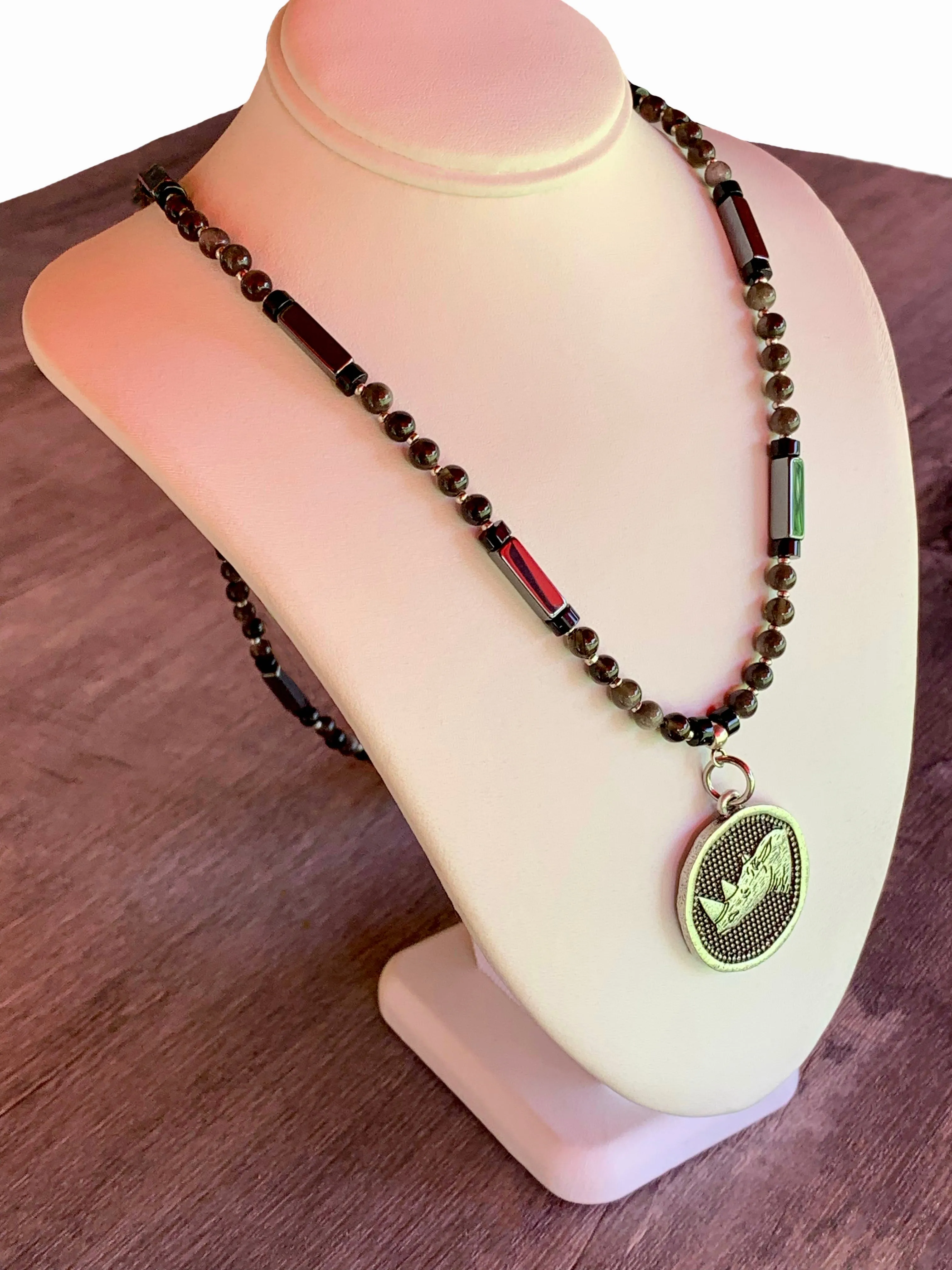 Sudan Handmade Silver Obsidian, Hematite, and Black Quartz 29" Necklace with Rhino Coin Pendant